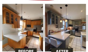 Painting Honey Oak Cabinets Grey Before And After Picture Thumbnail