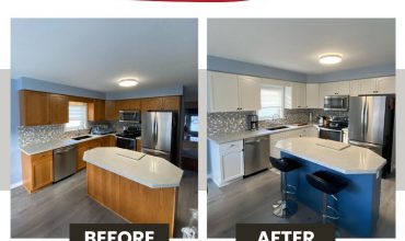 White And Blue Island Kitchen Cabinet Painting Transformation Thumbnail