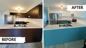 Before After Two Tone White And Teal Painted Cabinets